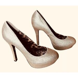 Betsey Johnson Pump Heels Shoe 10 M DISKKO‎ Gold Glitter Leopard Platform Party
